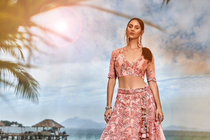 Peach-Golden-Silver Sequins and thread Embroidered Net Stitched Lehenga choli