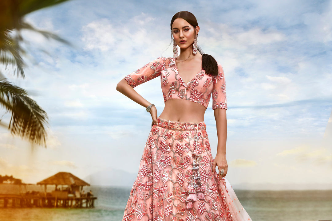 Peach-Golden-Silver Sequins and thread Embroidered Net Stitched Lehenga choli