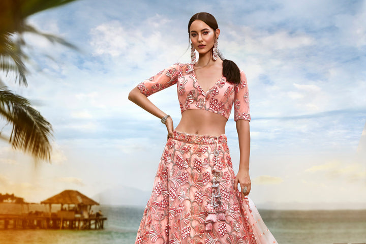 Peach-Golden-Silver Sequins and thread Embroidered Net Stitched Lehenga choli