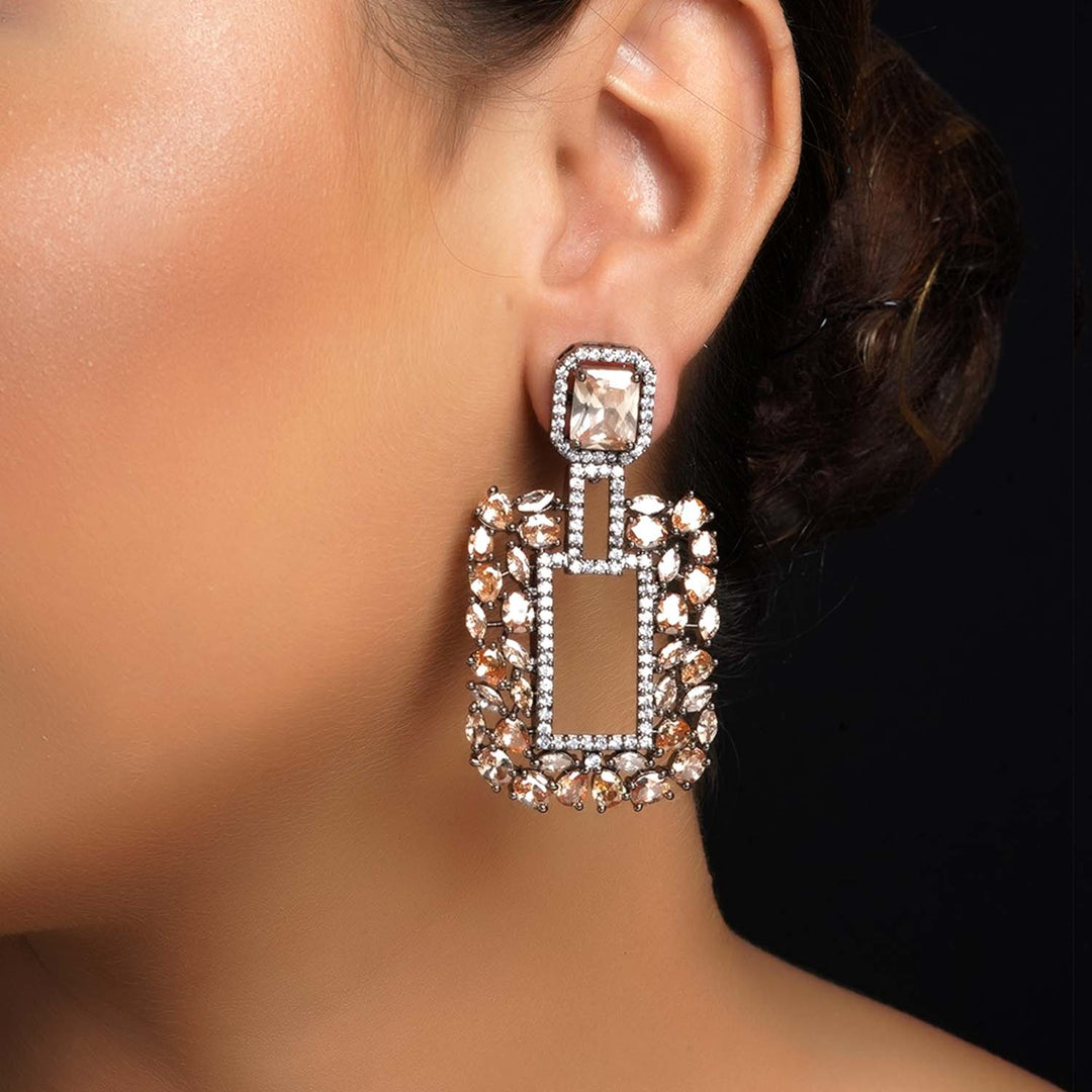 Disha Diamond Work Rhodium Plated Copper Victorian Earrings