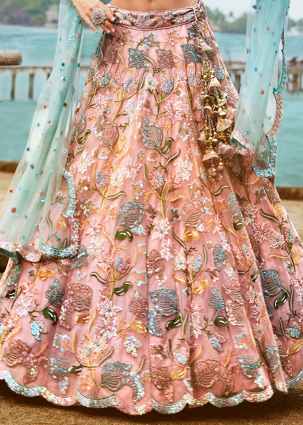 Peach Pink Net Lehenga Choli With Sequins & Zarkan Embroidery Work