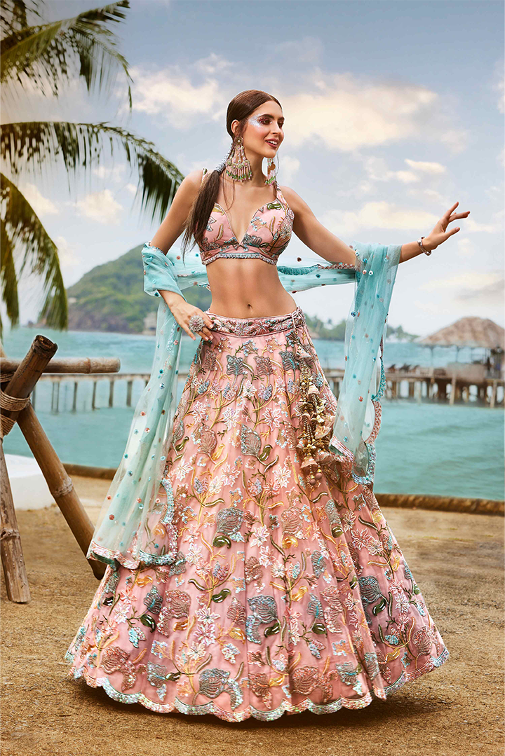 Pink Multi-Color Sequins-Thread Embroidered Net Stitched Lehenga choli