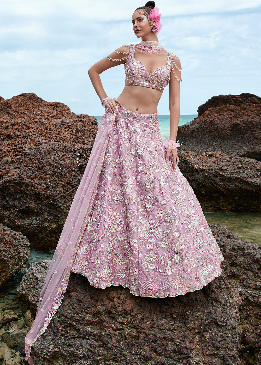 Lavender Purple Organza Lehenga Choli With Sequins, Zarkan & Thread Embroidery Work