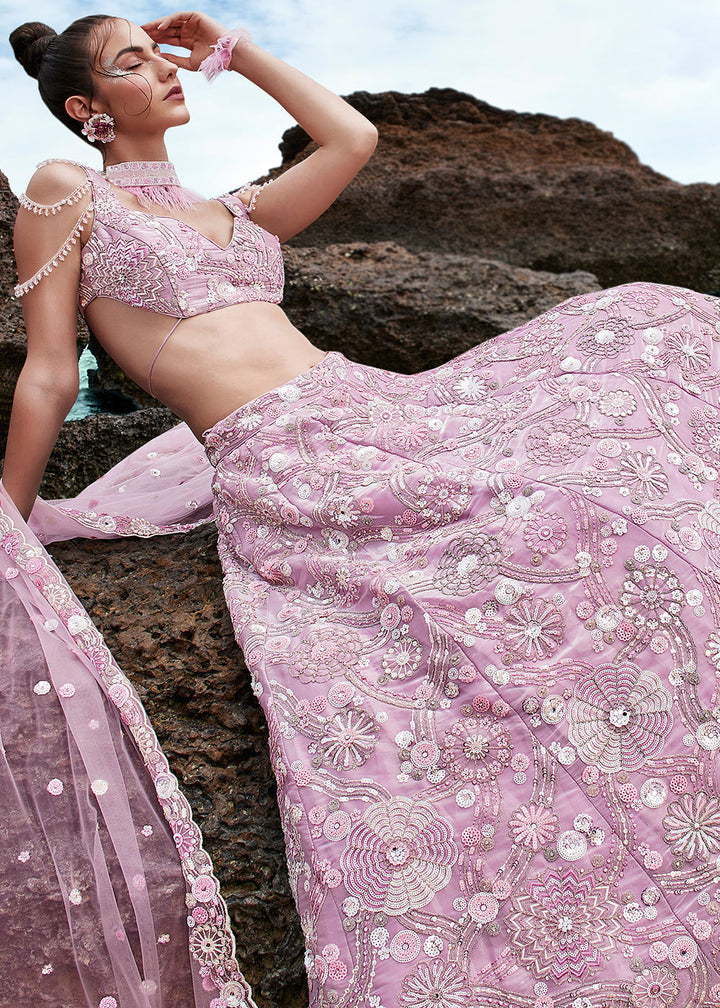 Lavender Purple Organza Lehenga Choli With Sequins, Zarkan & Thread Embroidery Work