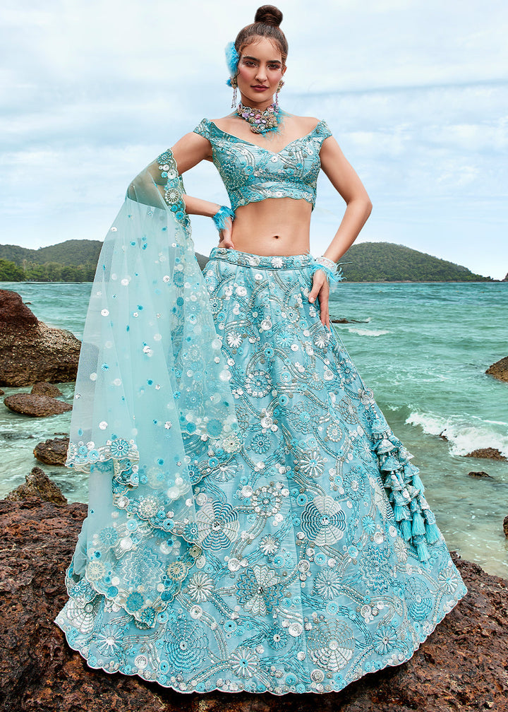 Aqua Blue Organza Lehenga Choli With Sequins, Zarkan & Thread Embroidery Work