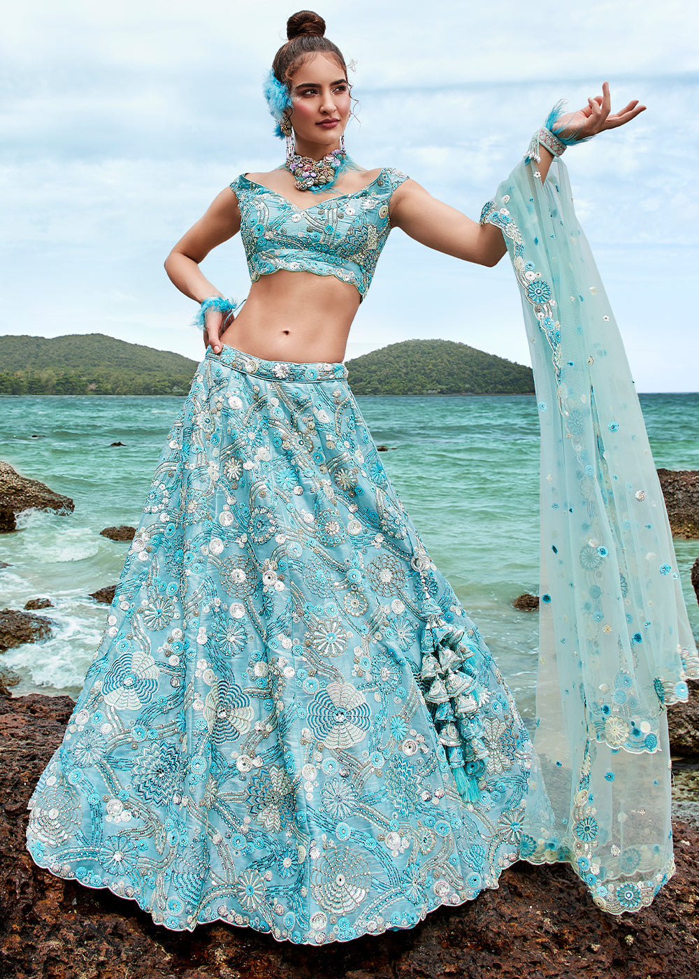 Aqua Blue Organza Lehenga Choli With Sequins, Zarkan & Thread Embroidery Work