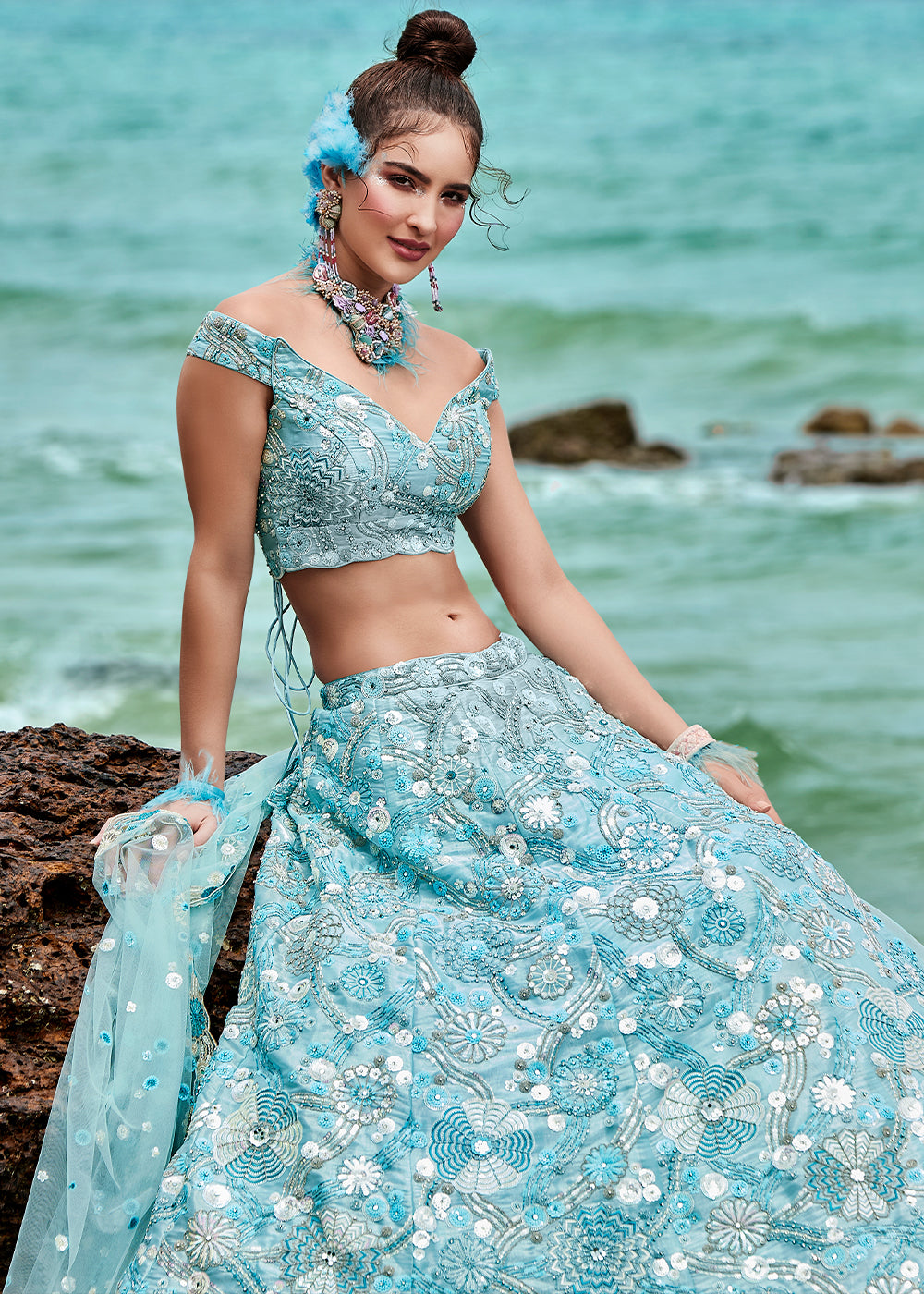 Aqua Blue Organza Lehenga Choli With Sequins, Zarkan & Thread Embroidery Work