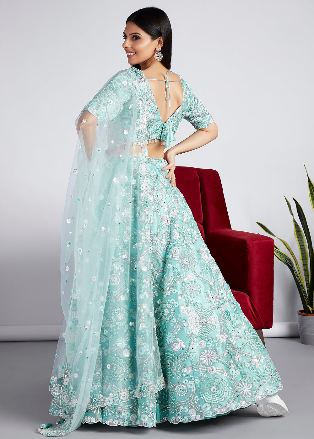 Turquoise Blue Organza Lehenga Choli With Sequins, Zarkan & Thread Embroidery Work