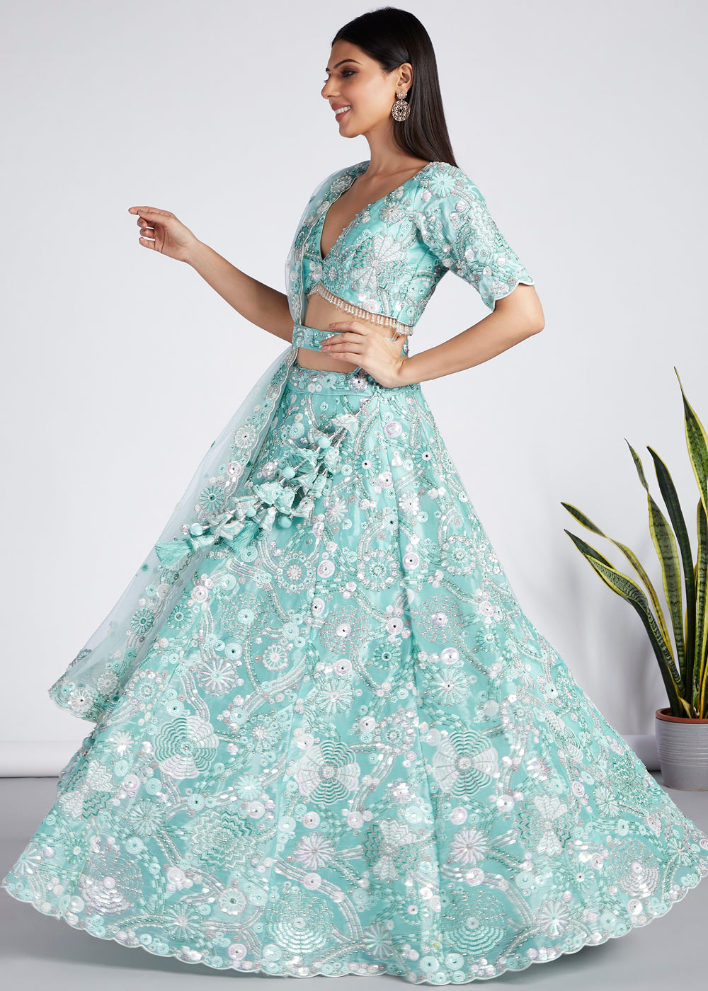 Turquoise Blue Organza Lehenga Choli With Sequins, Zarkan & Thread Embroidery Work