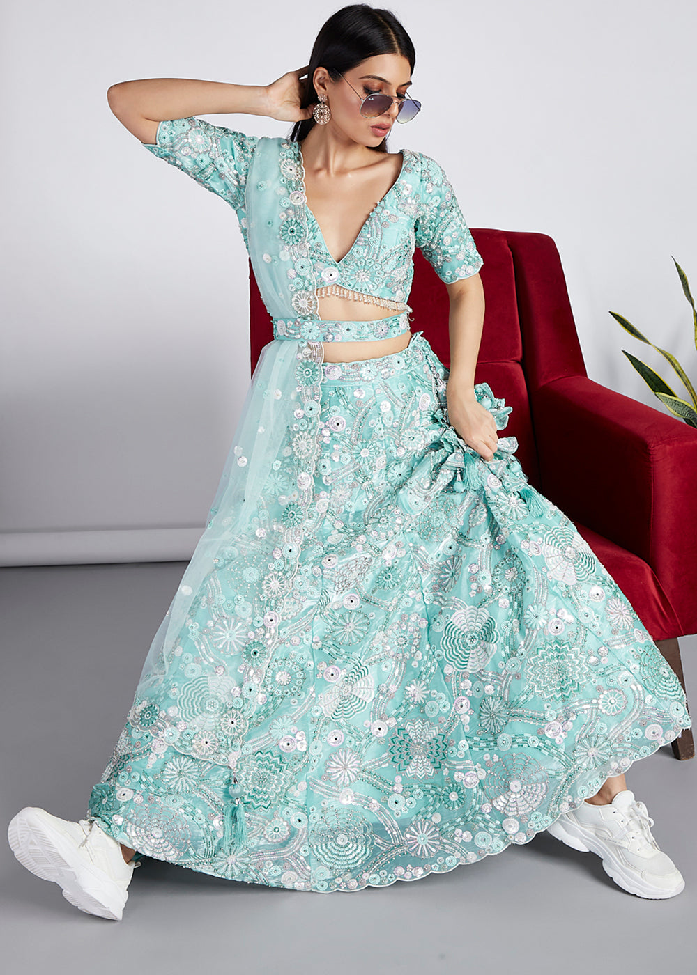 Turquoise Blue Organza Lehenga Choli With Sequins, Zarkan & Thread Embroidery Work