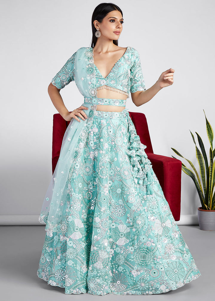 Turquoise Blue Organza Lehenga Choli With Sequins, Zarkan & Thread Embroidery Work