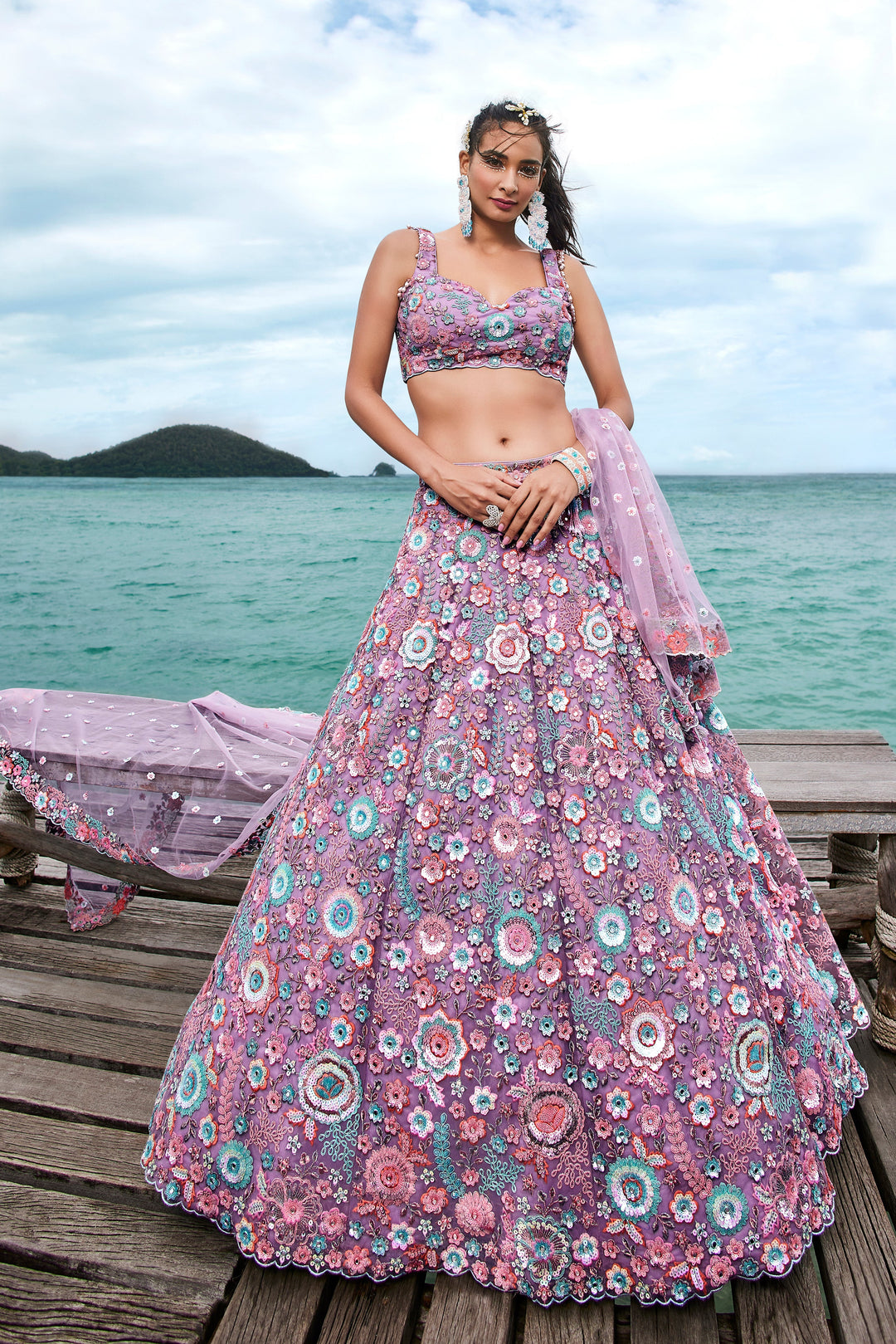 Rounded Embroiderey Multi-Sequins, Mirror and thread Embroidered Net Stitched Lehenga