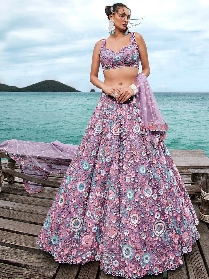 Rounded Embroiderey Multi-Sequins, Mirror and thread Embroidered Net Stitched Lehenga