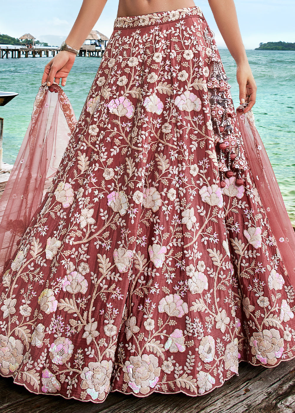 Rose Gold Georgette Lehenga Choli With Sequins & Zarkan Embroidery Work | Ready To Wear - qivii