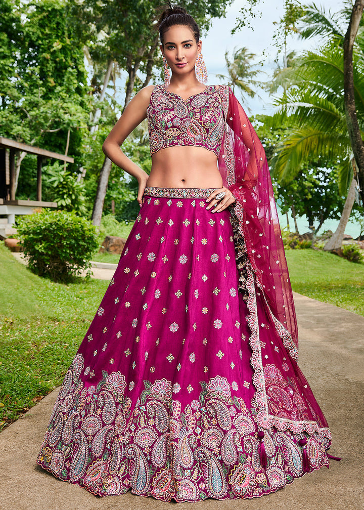 Magenta Pink Satin Silk Lehenga Choli With Sequins & Zarkan Embroidery Work