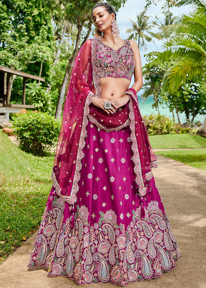 Magenta Pink Satin Silk Lehenga Choli With Sequins & Zarkan Embroidery Work