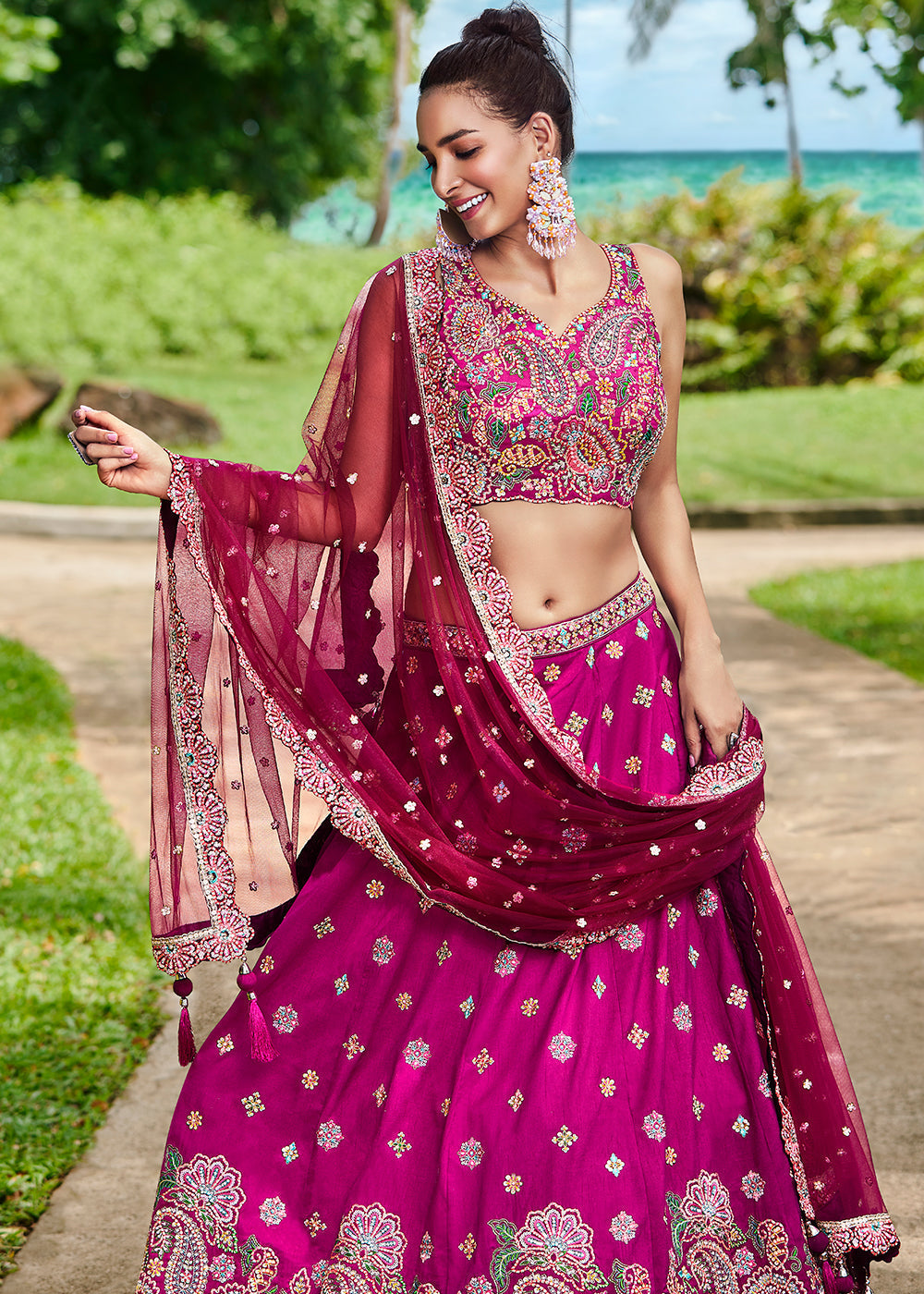 Magenta Pink Satin Silk Lehenga Choli With Sequins & Zarkan Embroidery Work