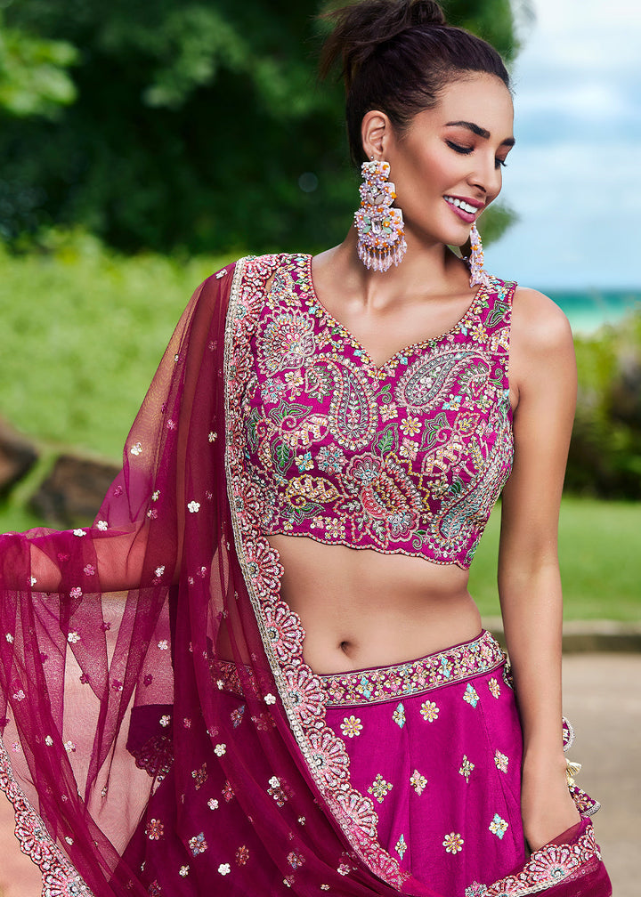 Magenta Pink Satin Silk Lehenga Choli With Sequins & Zarkan Embroidery Work