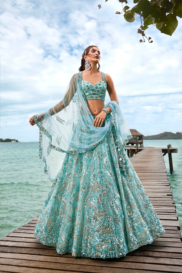 Golden-Sky Color Sequined Heavy Embroidery using thread Stitched Lehenga Choli