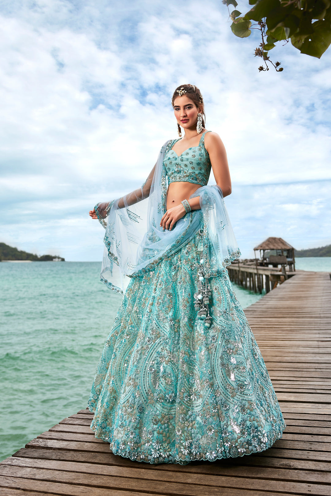 Golden-Sky Color Sequined Heavy Embroidery using thread Stitched Lehenga Choli