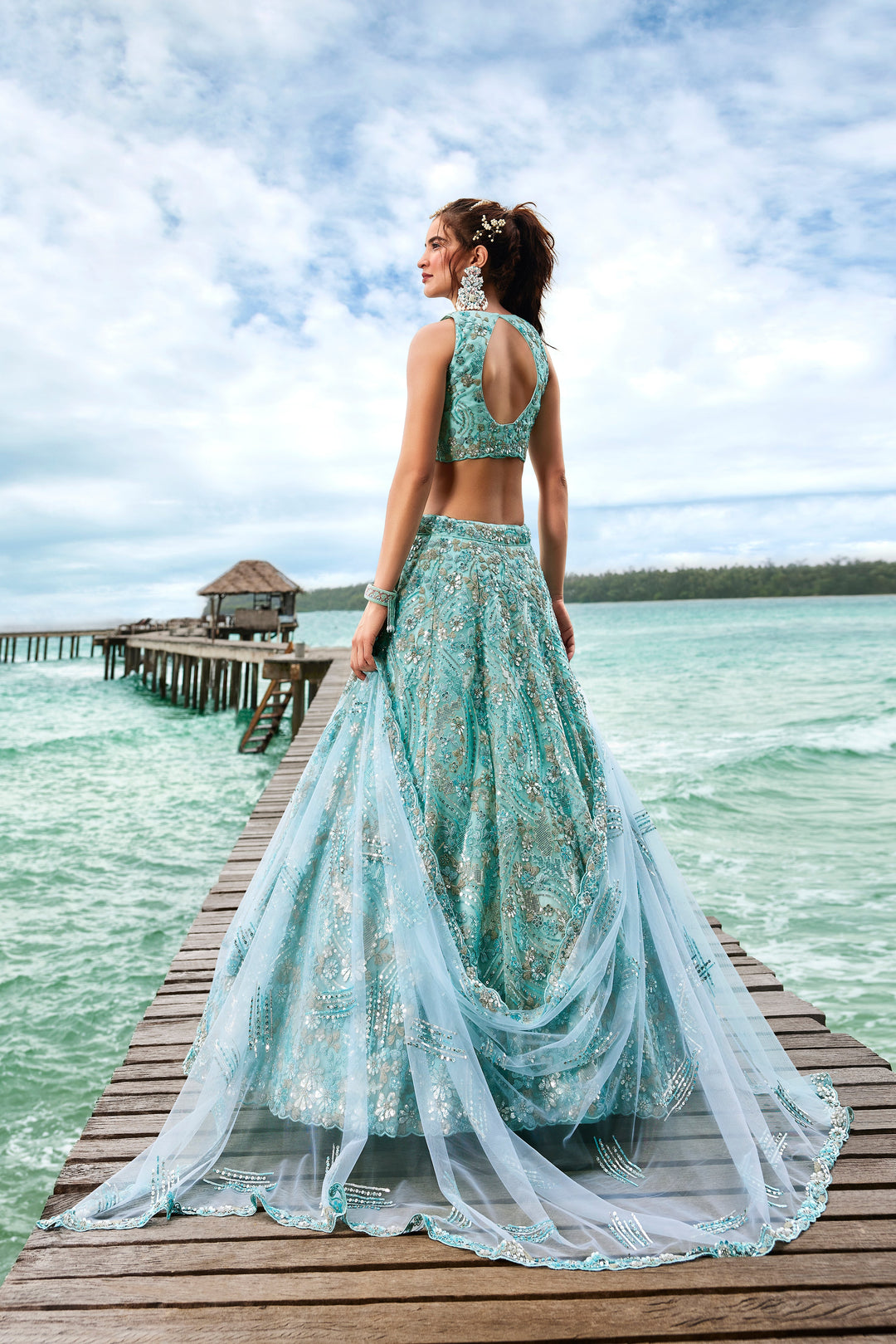 Golden-Sky Color Sequined Heavy Embroidery using thread Stitched Lehenga Choli