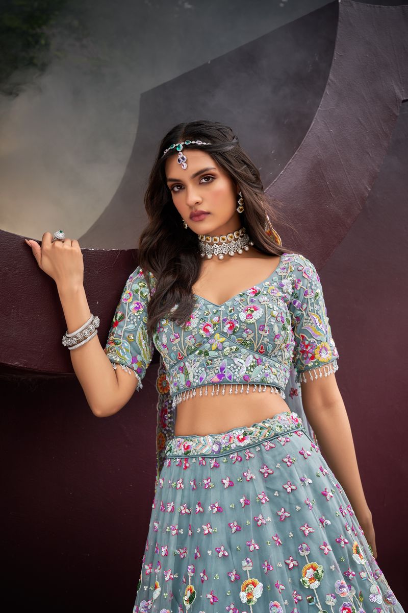 Turquoise blue Net Zarkan & heavy Sequin embroidery Semi-Stitched Lehenga choli & Dupatta