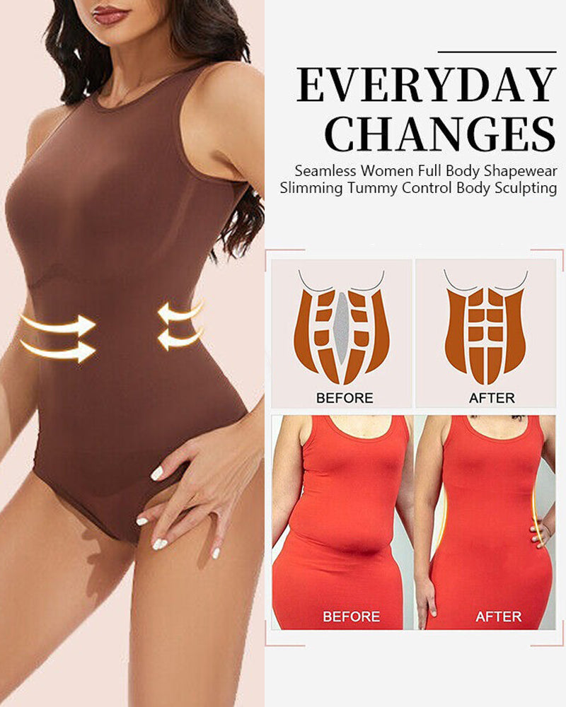Seamless Racerback Top Tummy Control Crew Neck Bodysuit  - By Qivii