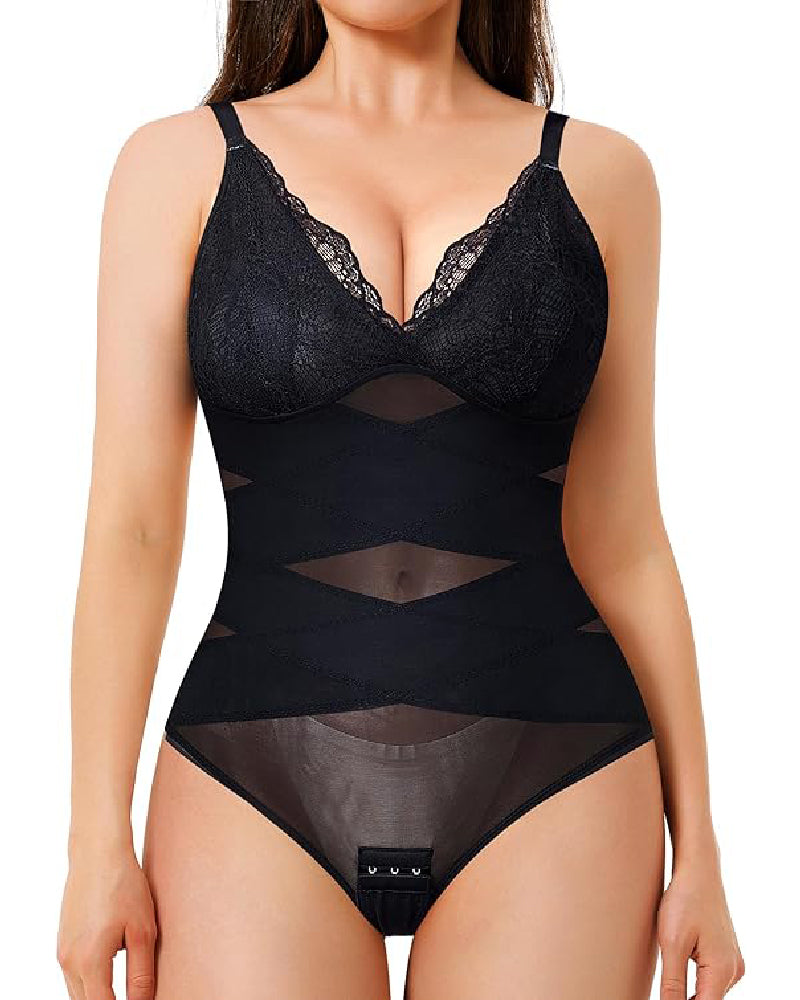 Women's Tummy Control V Neck Thong Bodysuit Corset Sculpting Lace Camisoles Shapewear  - By Qivii