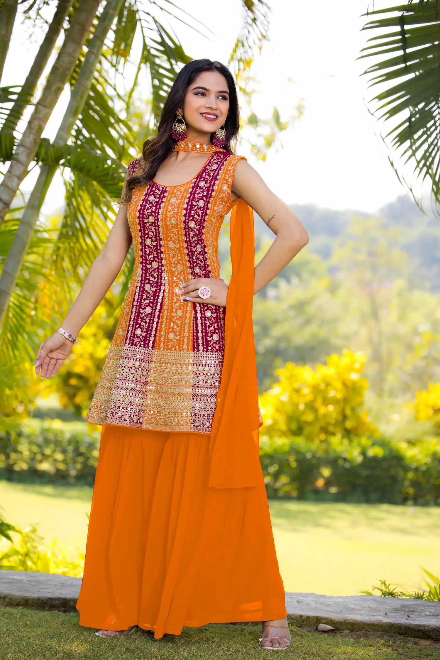 Orange Georgette Sequence Embroidery Work Salwar Suit