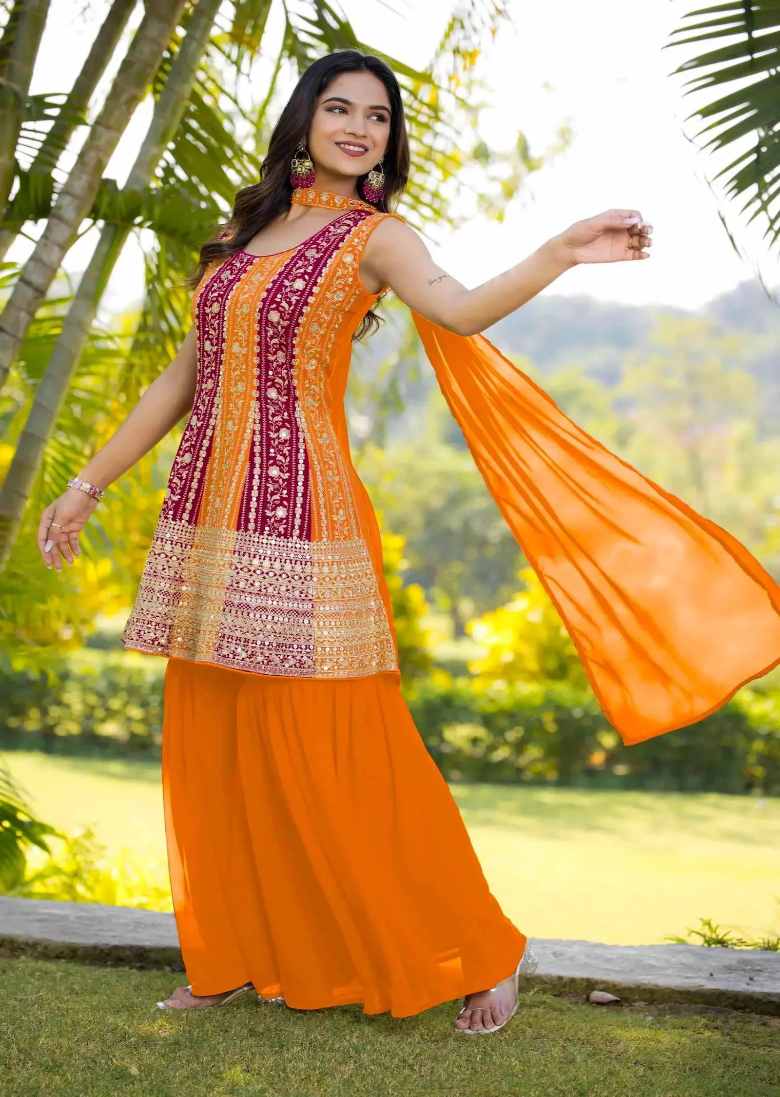 Orange Georgette Sequence Embroidery Work Salwar Suit - qivii