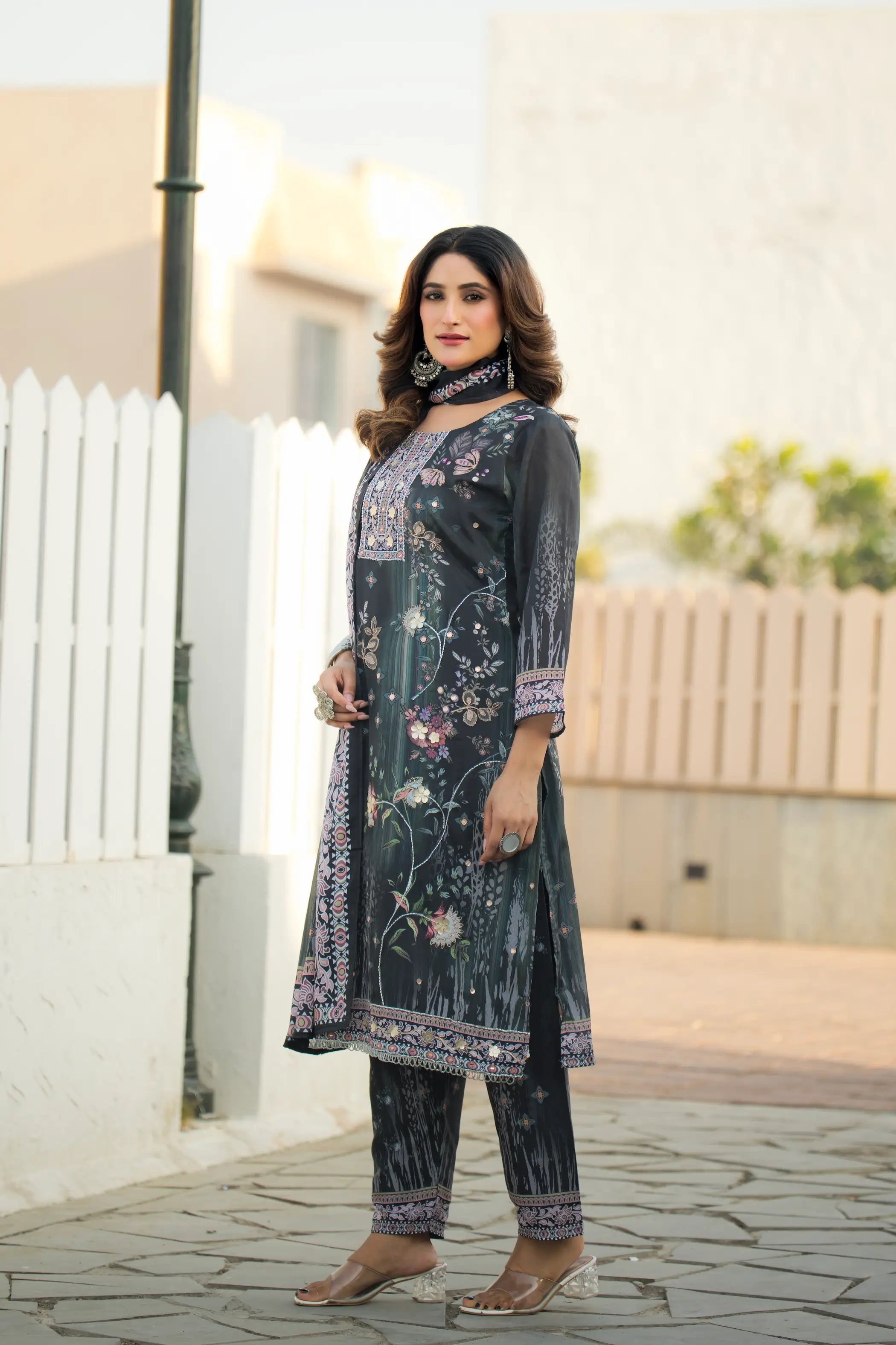 Grey Green Chinon Salwar Suit With Print & Hand Work - qivii