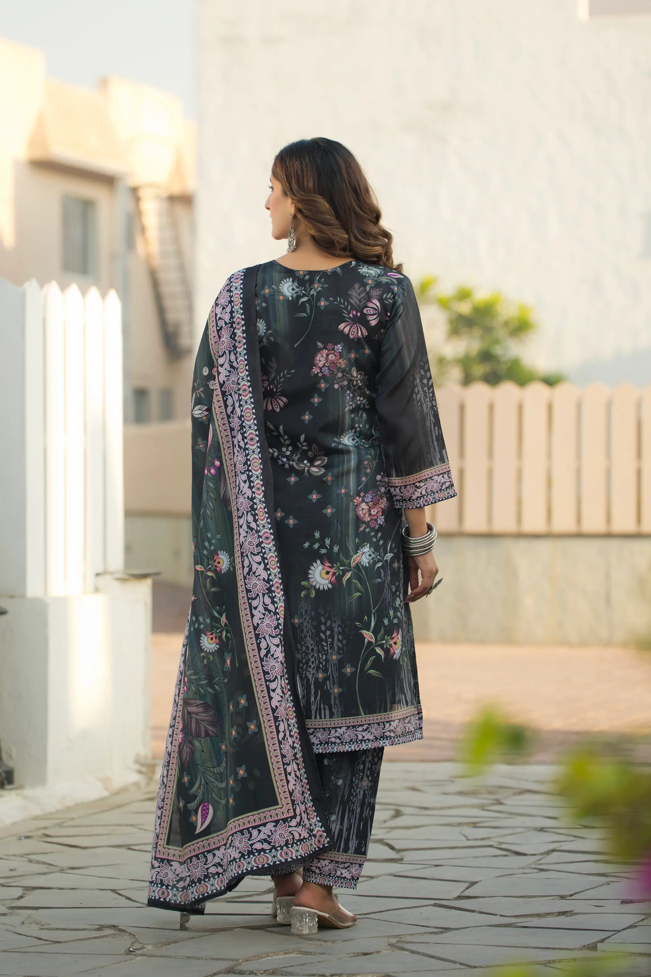 Grey Green Chinon Salwar Suit With Print & Hand Work - qivii