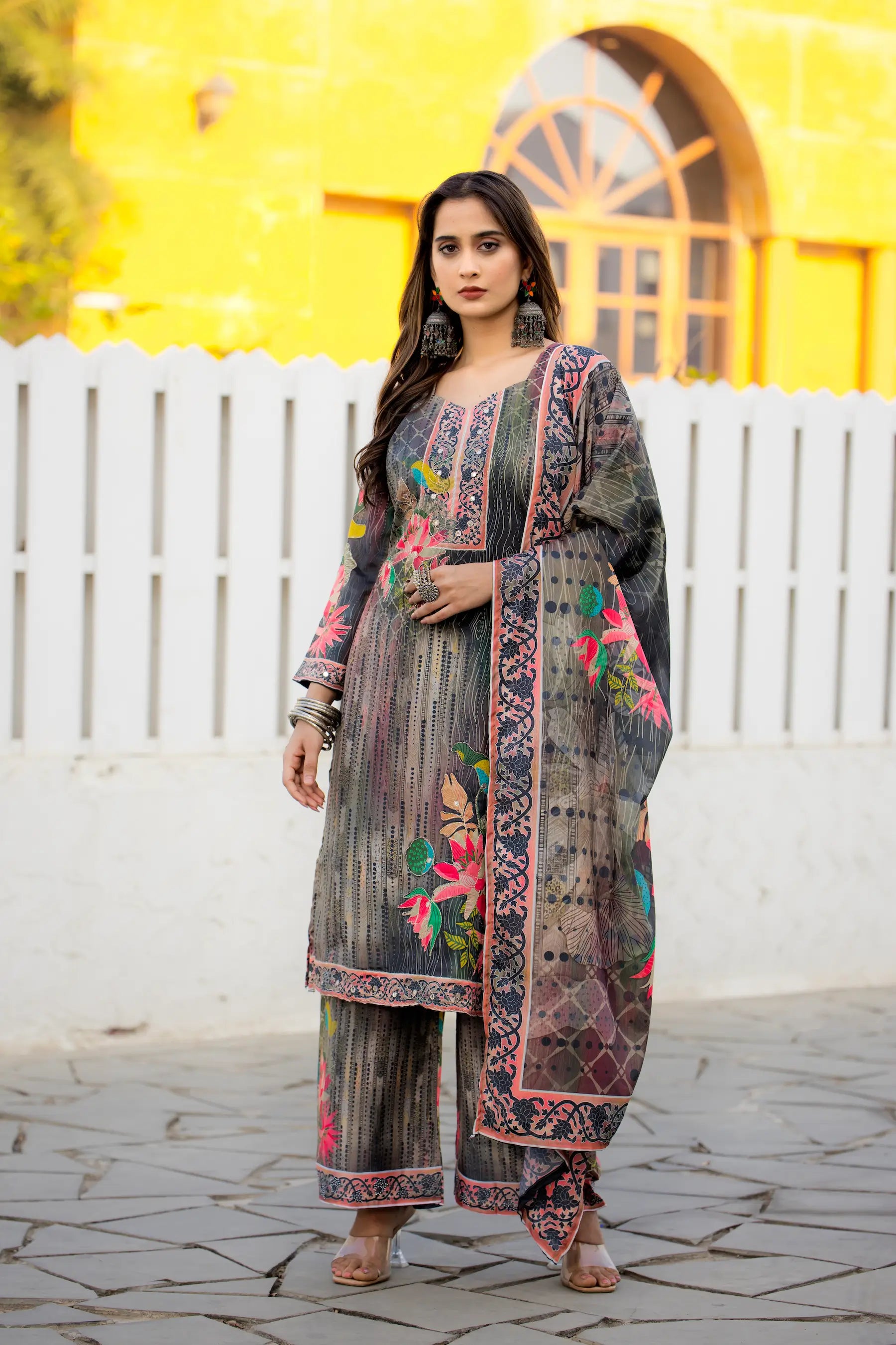 Grey Multicolor Chinon Salwar Suit With Print & Hand Work - qivii