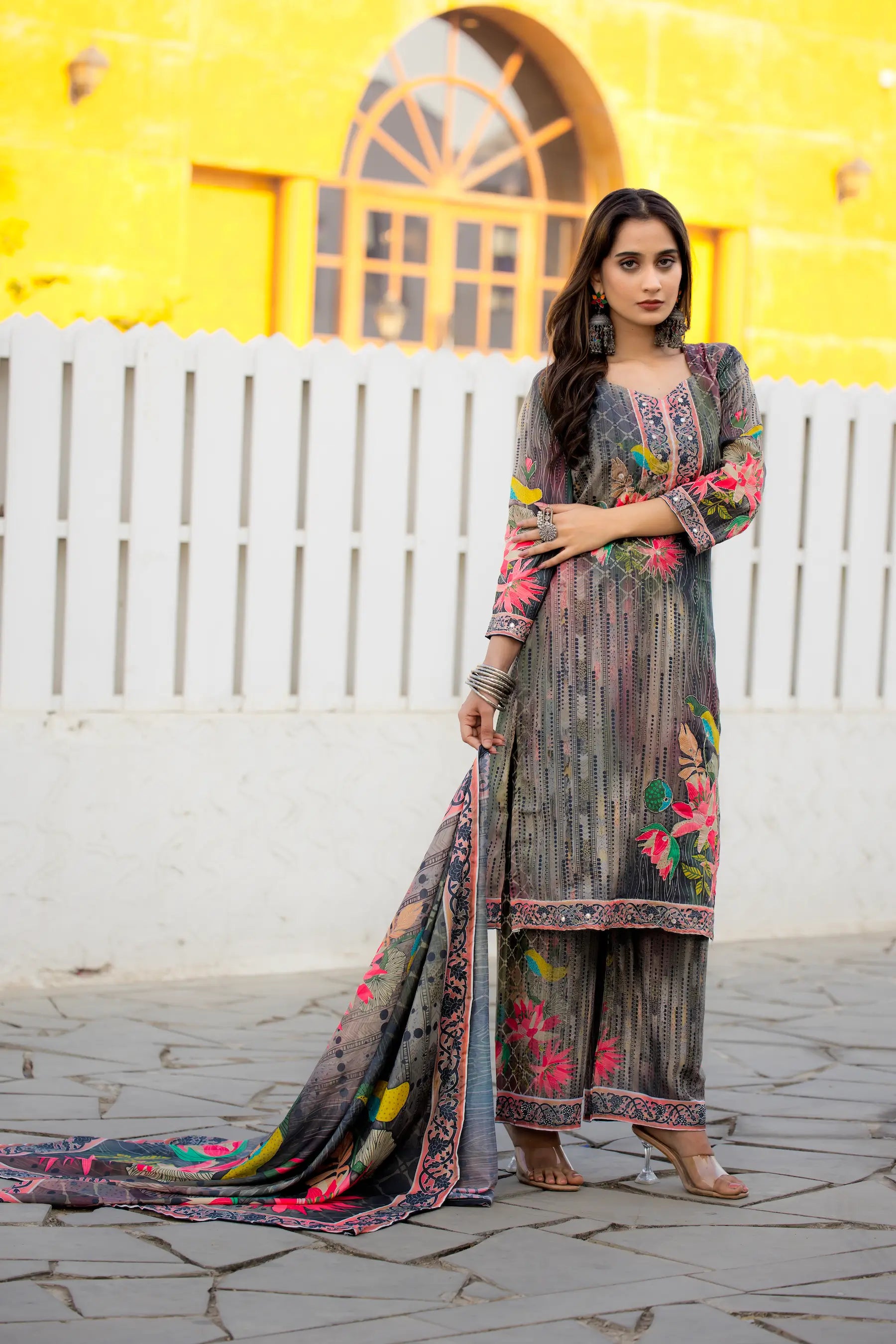 Grey Multicolor Chinon Salwar Suit With Print & Hand Work - qivii