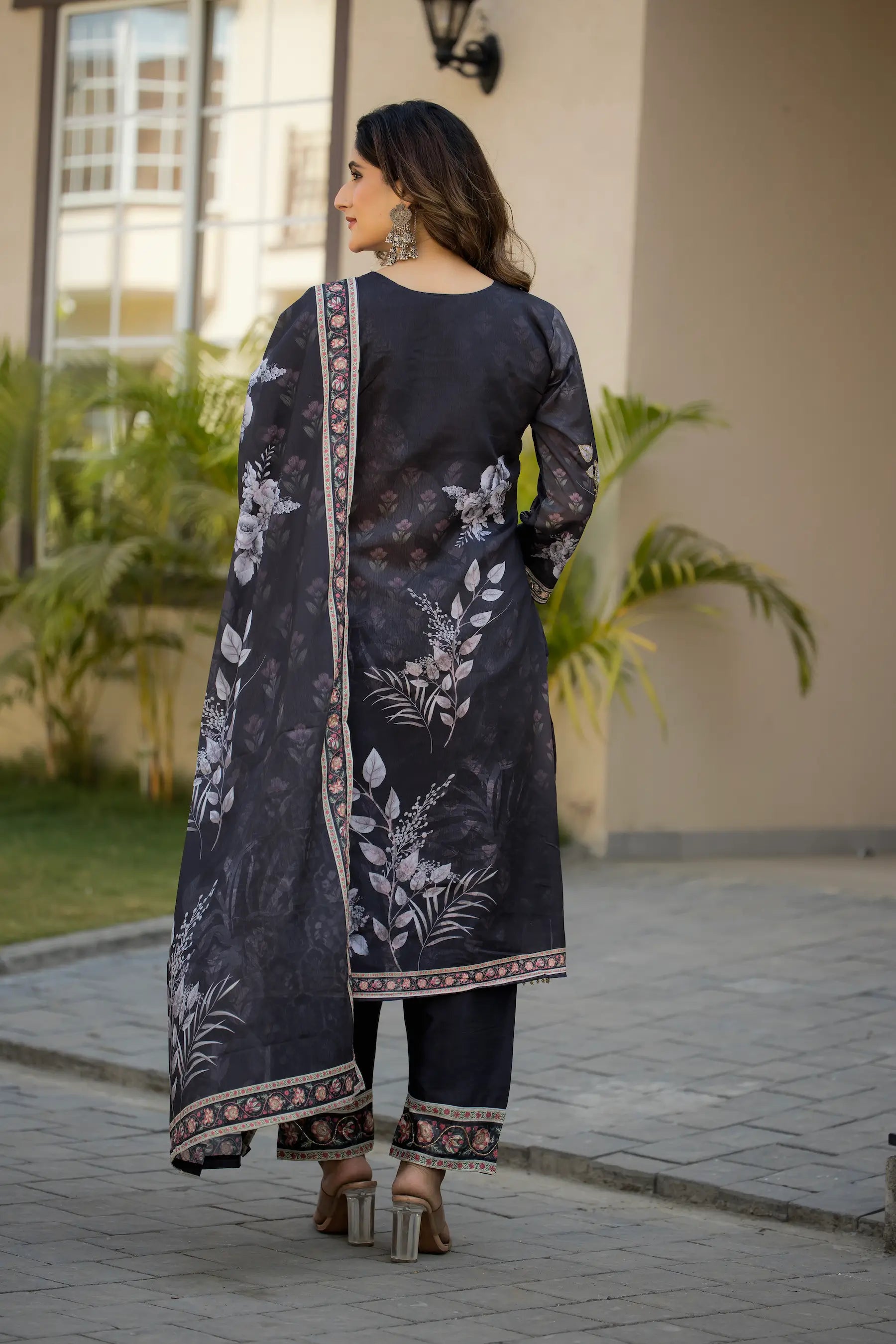 Dark Grey Chinon Salwar Suit With Print & Hand Work - qivii