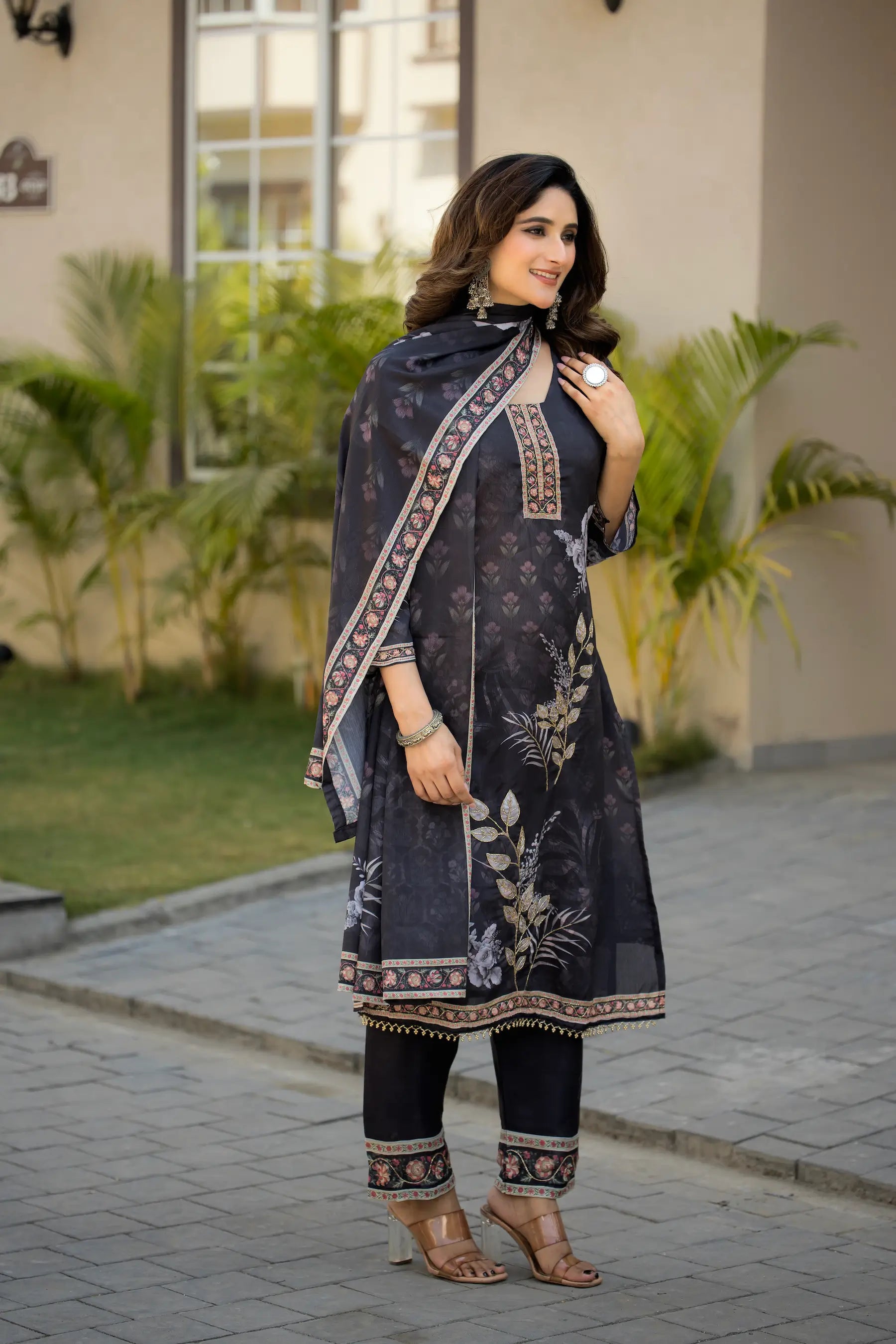 Dark Grey Chinon Salwar Suit With Print & Hand Work - qivii