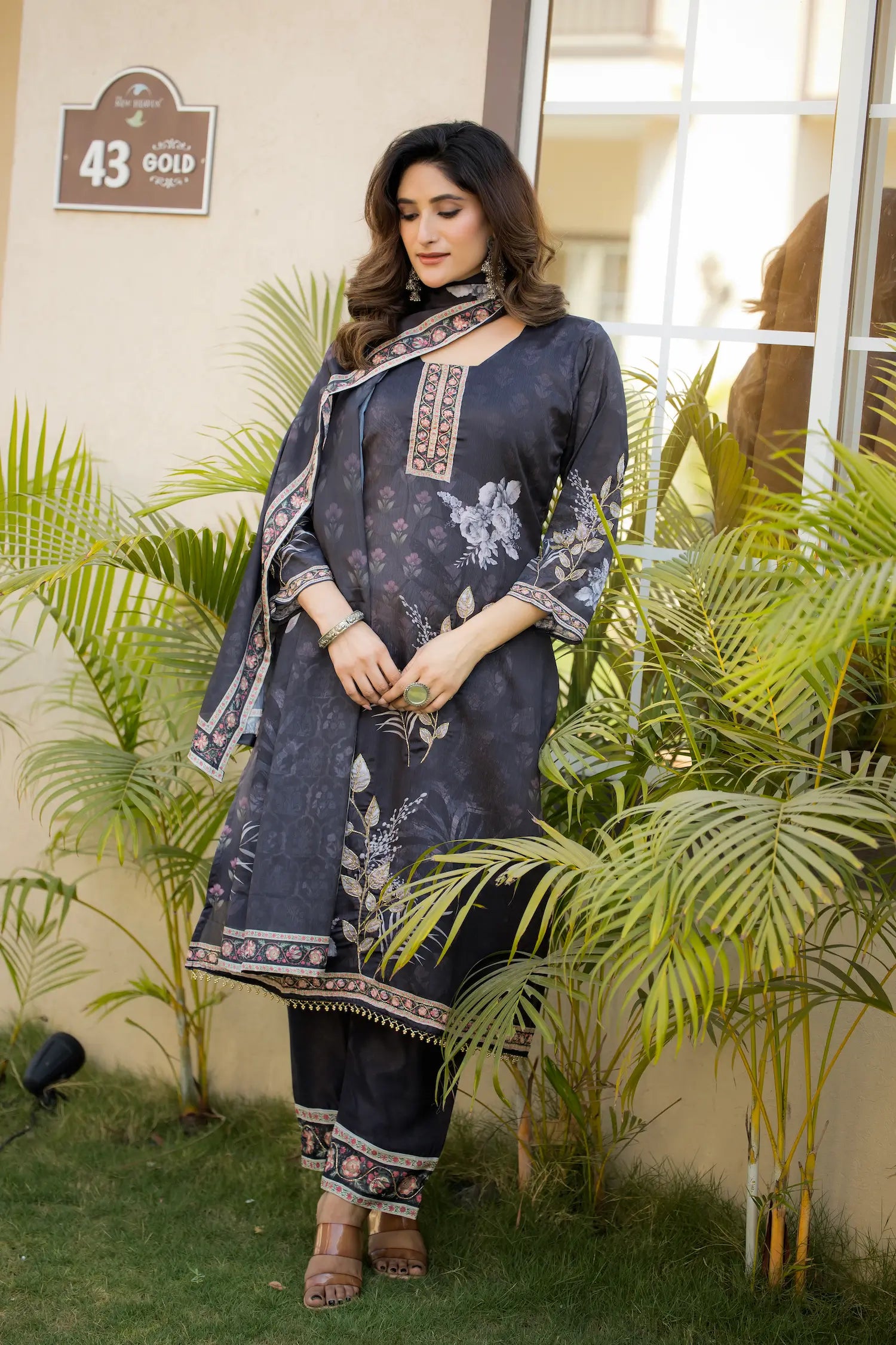 Dark Grey Chinon Salwar Suit With Print & Hand Work - qivii