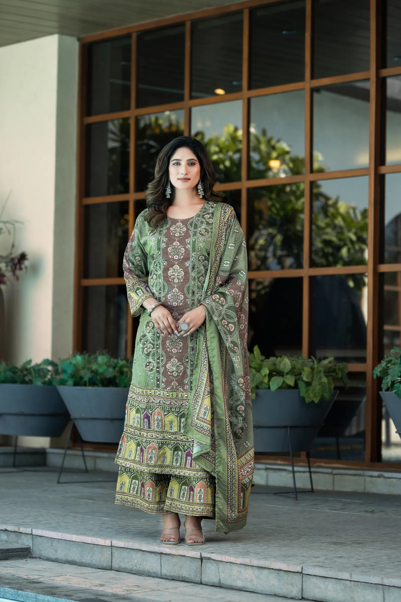 Pastel Green Chinon Salwar Suit With Print & Hand Work - qivii