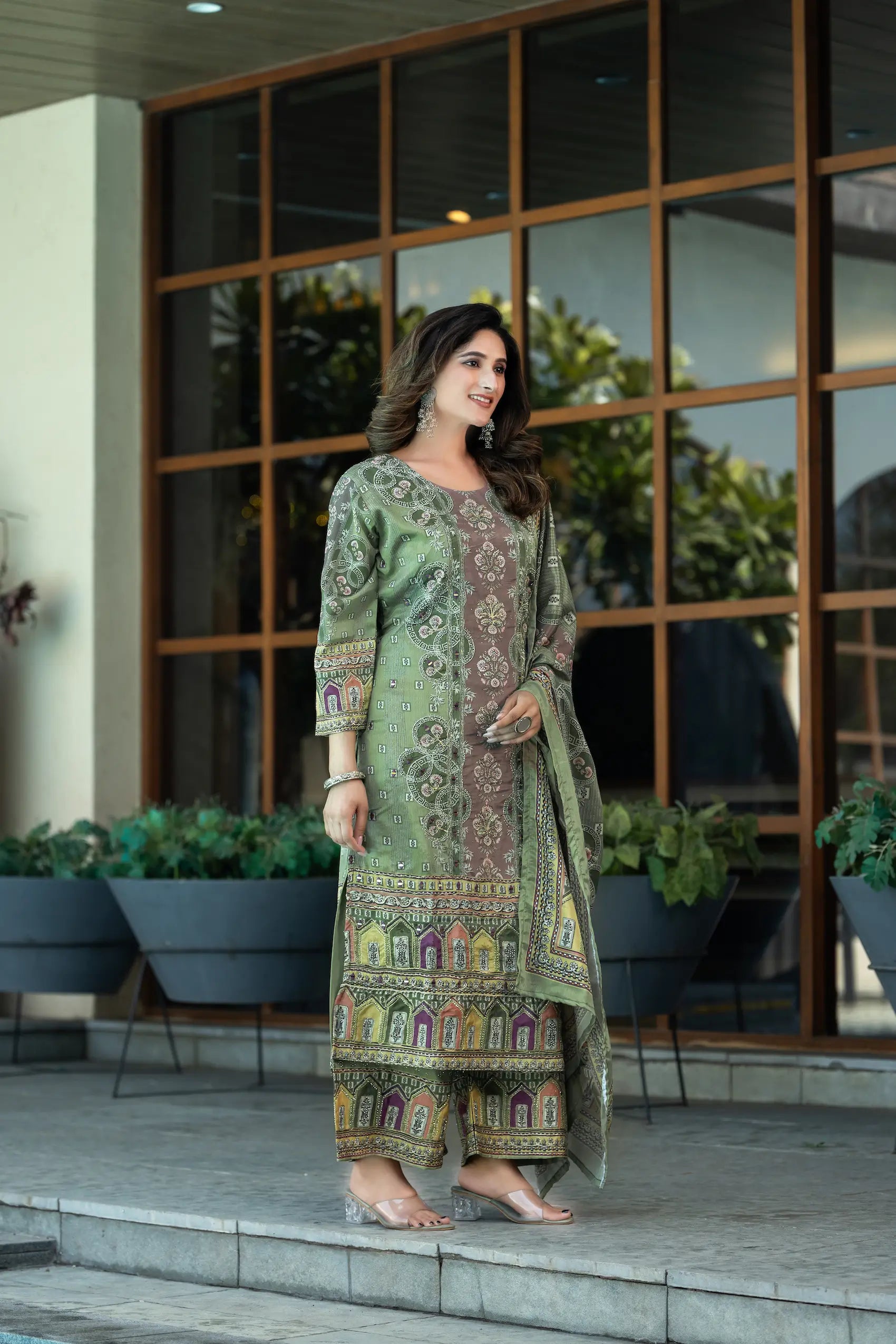 Pastel Green Chinon Salwar Suit With Print & Hand Work - qivii