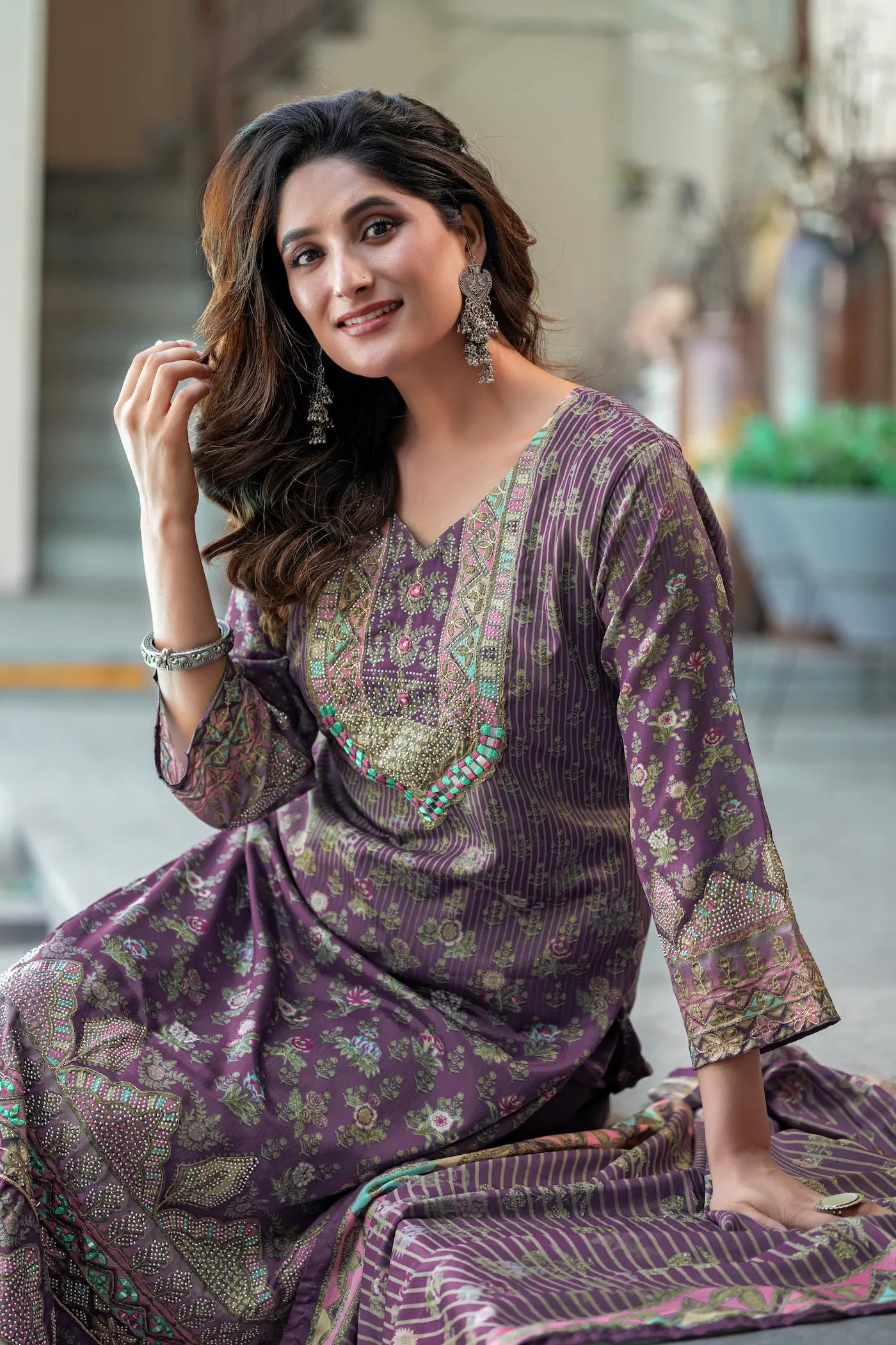 Dusty Purple Chinon Salwar Suit With Print & Hand Work - qivii