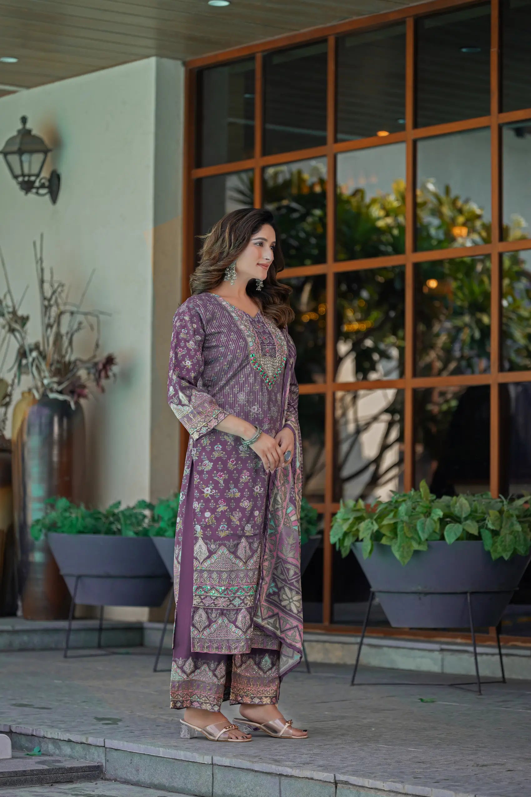 Dusty Purple Chinon Salwar Suit With Print & Hand Work - qivii