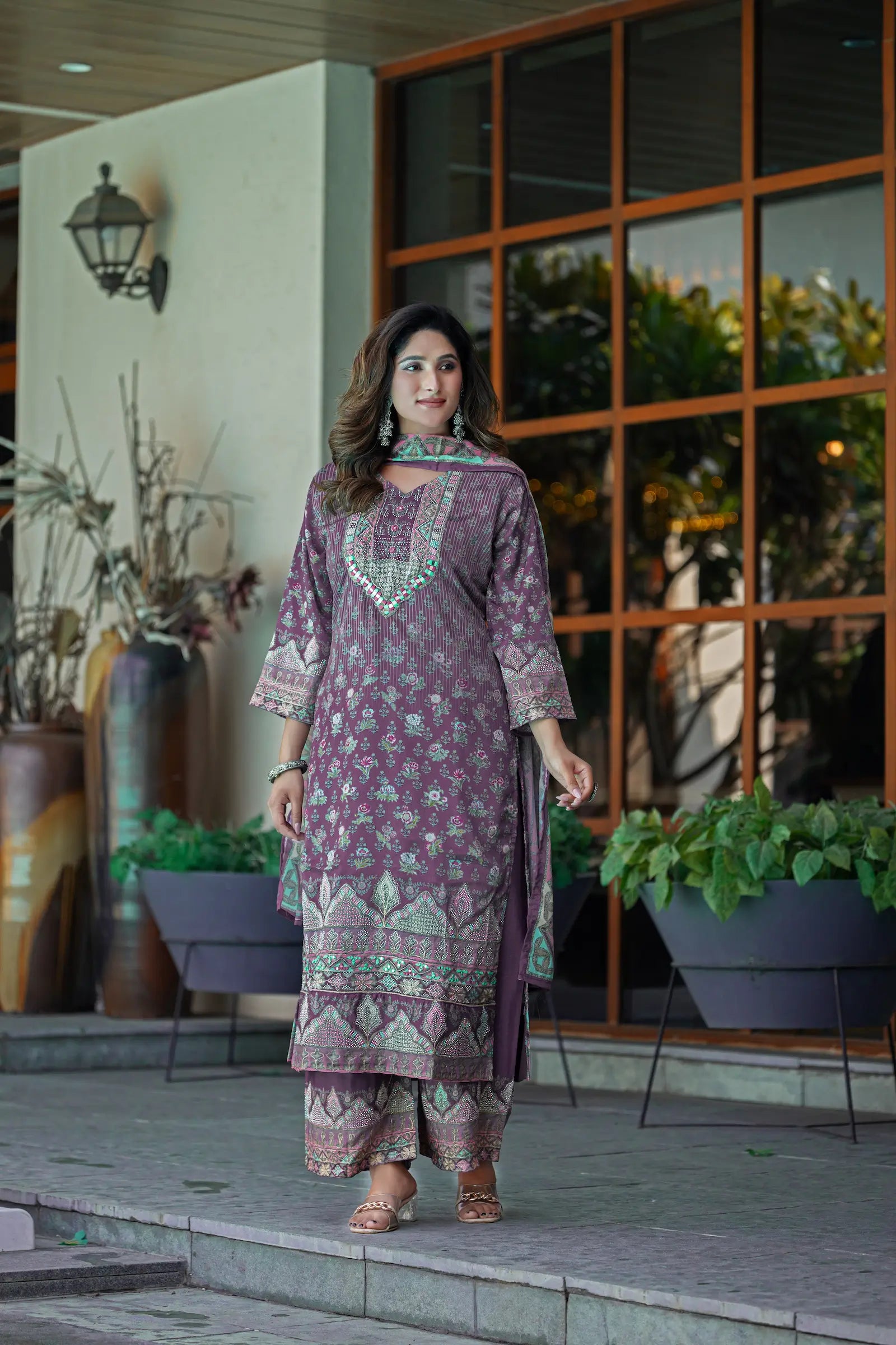 Dusty Purple Chinon Salwar Suit With Print & Hand Work - qivii