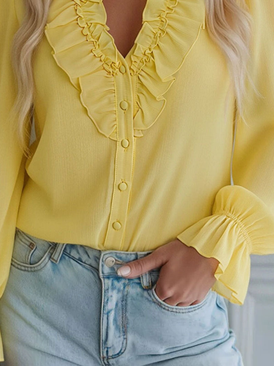 V-neck Chiffon Single-breasted Long-sleeved Shirt