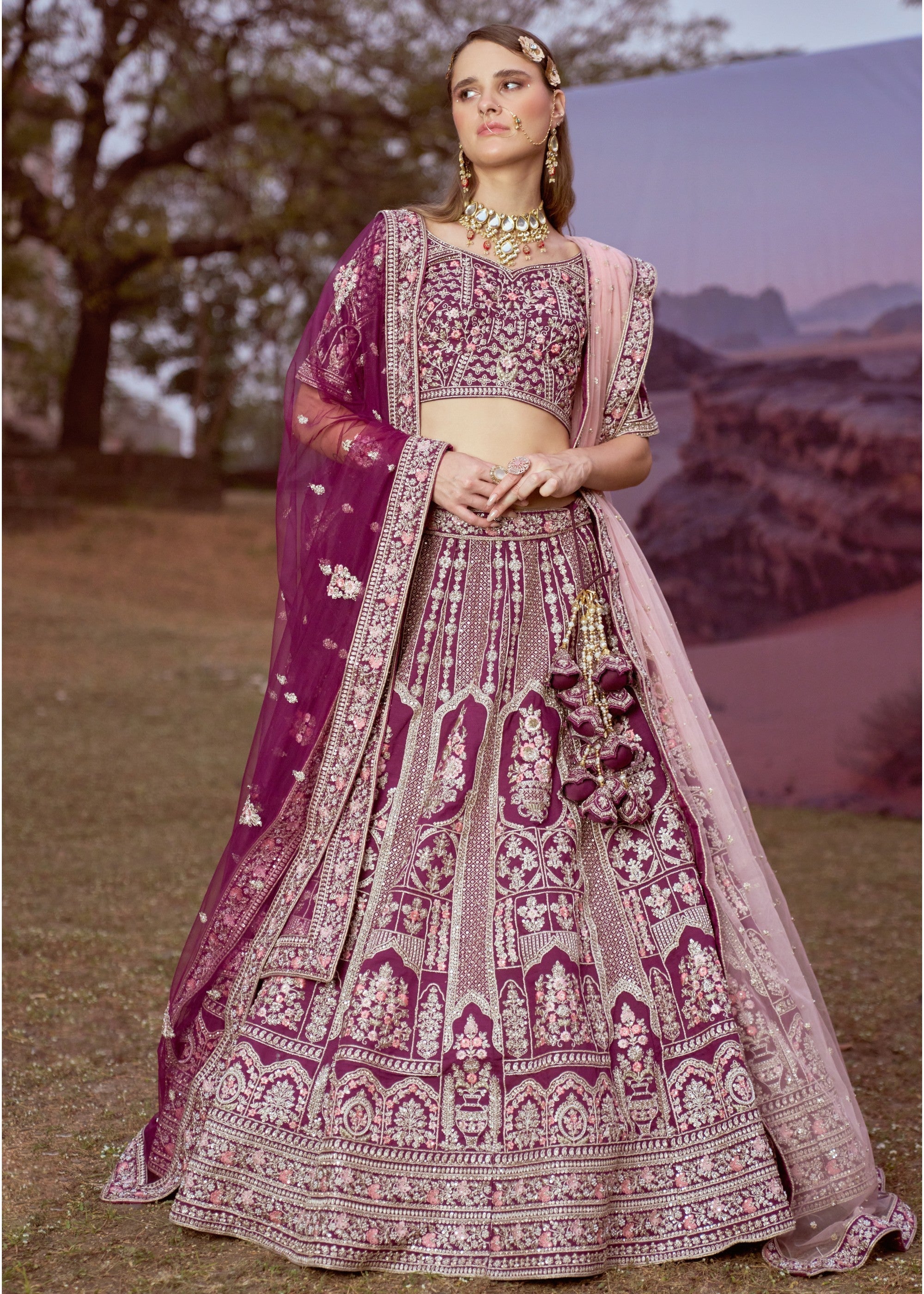 Purple Pure silk Moti, Sequins embroidery Bridal Lehenga | Ready To Wear - qivii