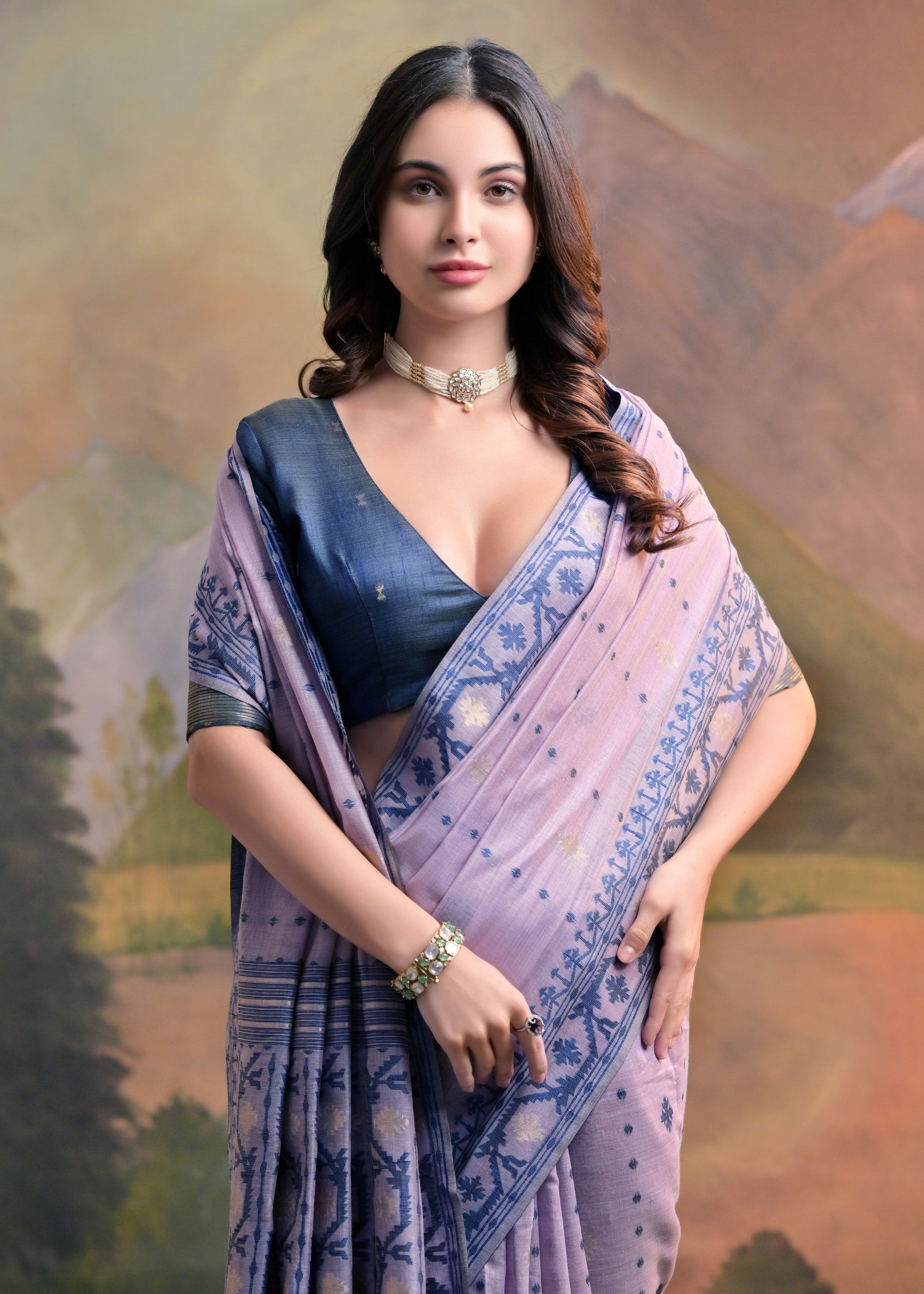 Pastel Purple Thread Woven Cotton Saree With All Over Butti - qivii