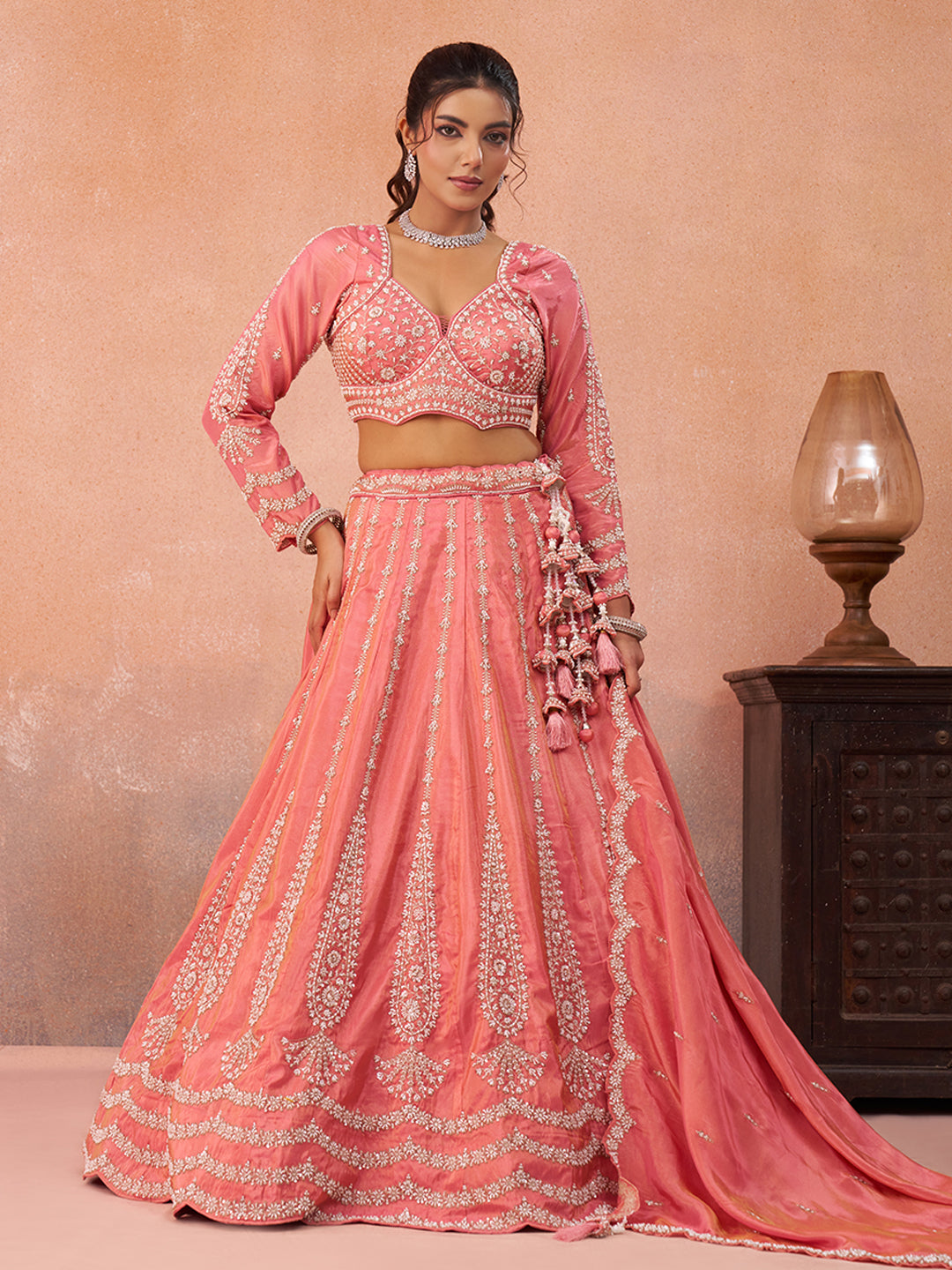 Peach Tissue Beads & Sequins Embroidered Semi-Stitched Lehenga Set