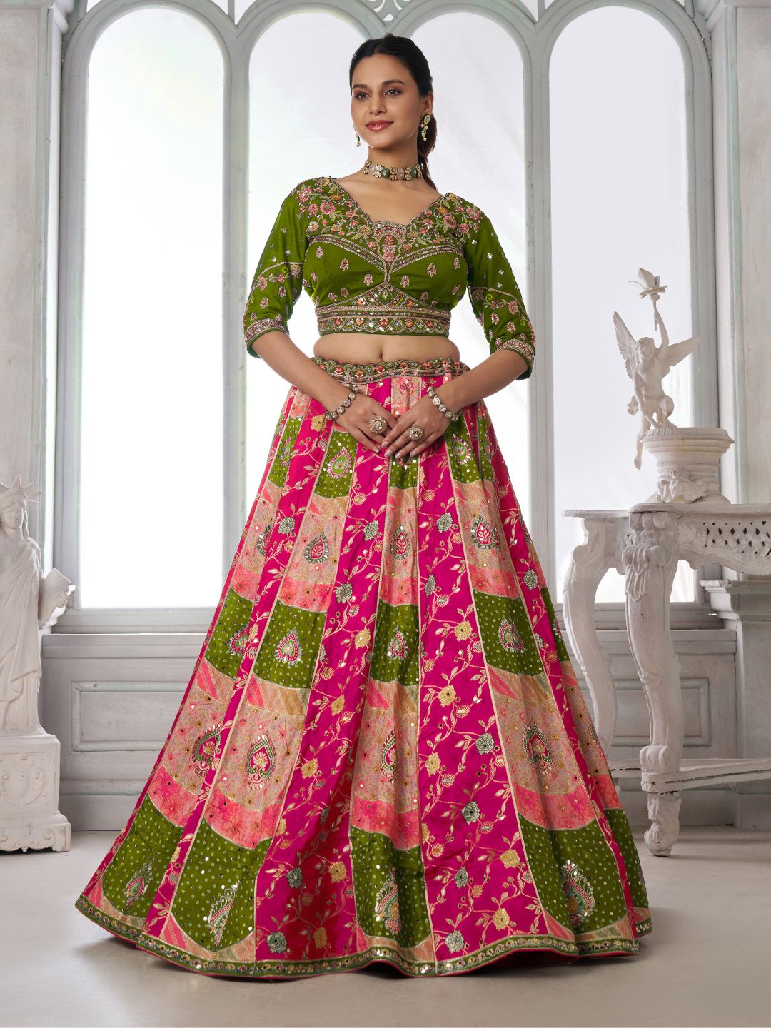 Designer Multi-Color Mehendi Lehenga Choli with Embroidered Blouse