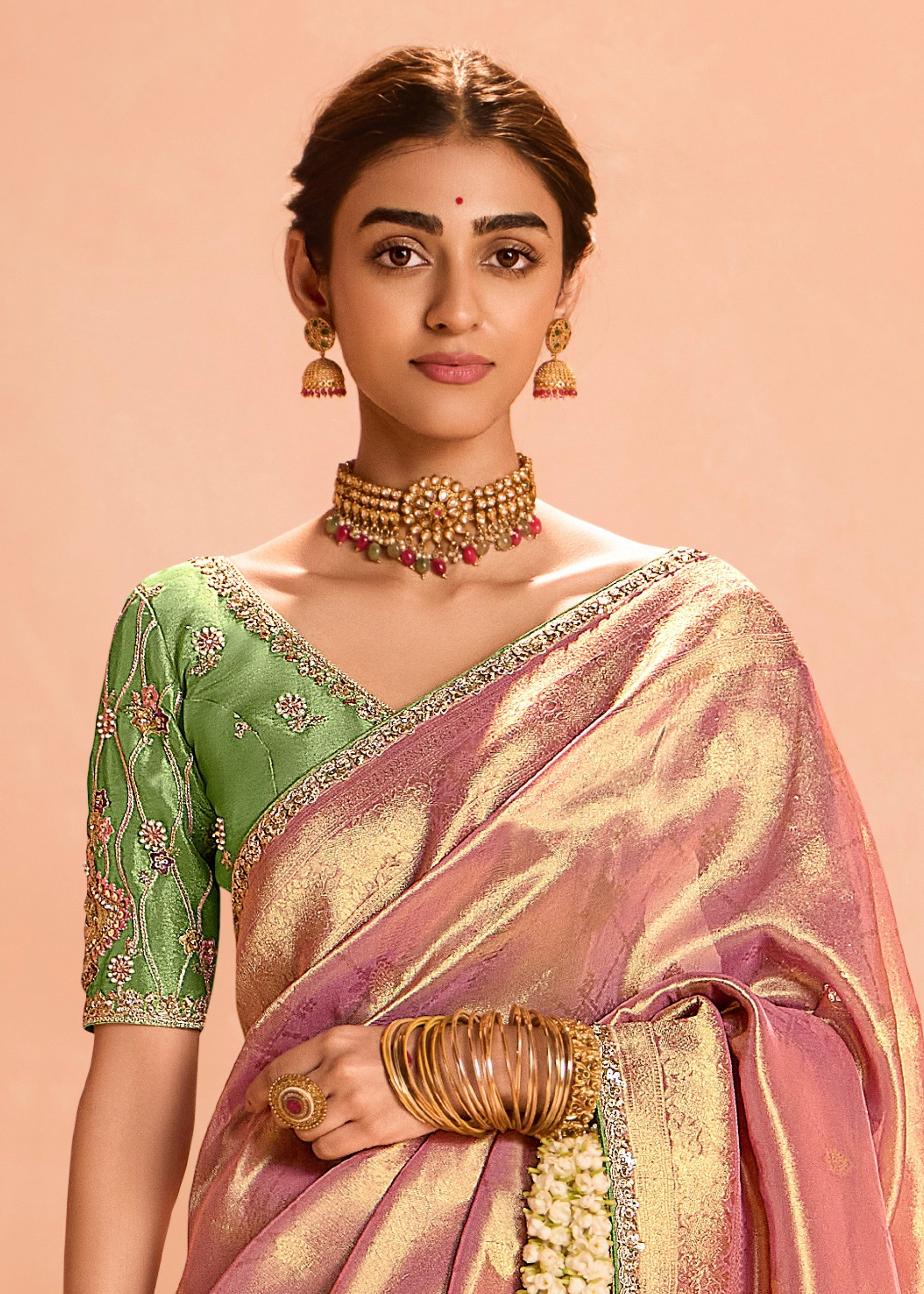 Rose Pink Zari Tissue Silk Saree With Weaving Work And Heavy Embroidery Lace : Top Pick - qivii