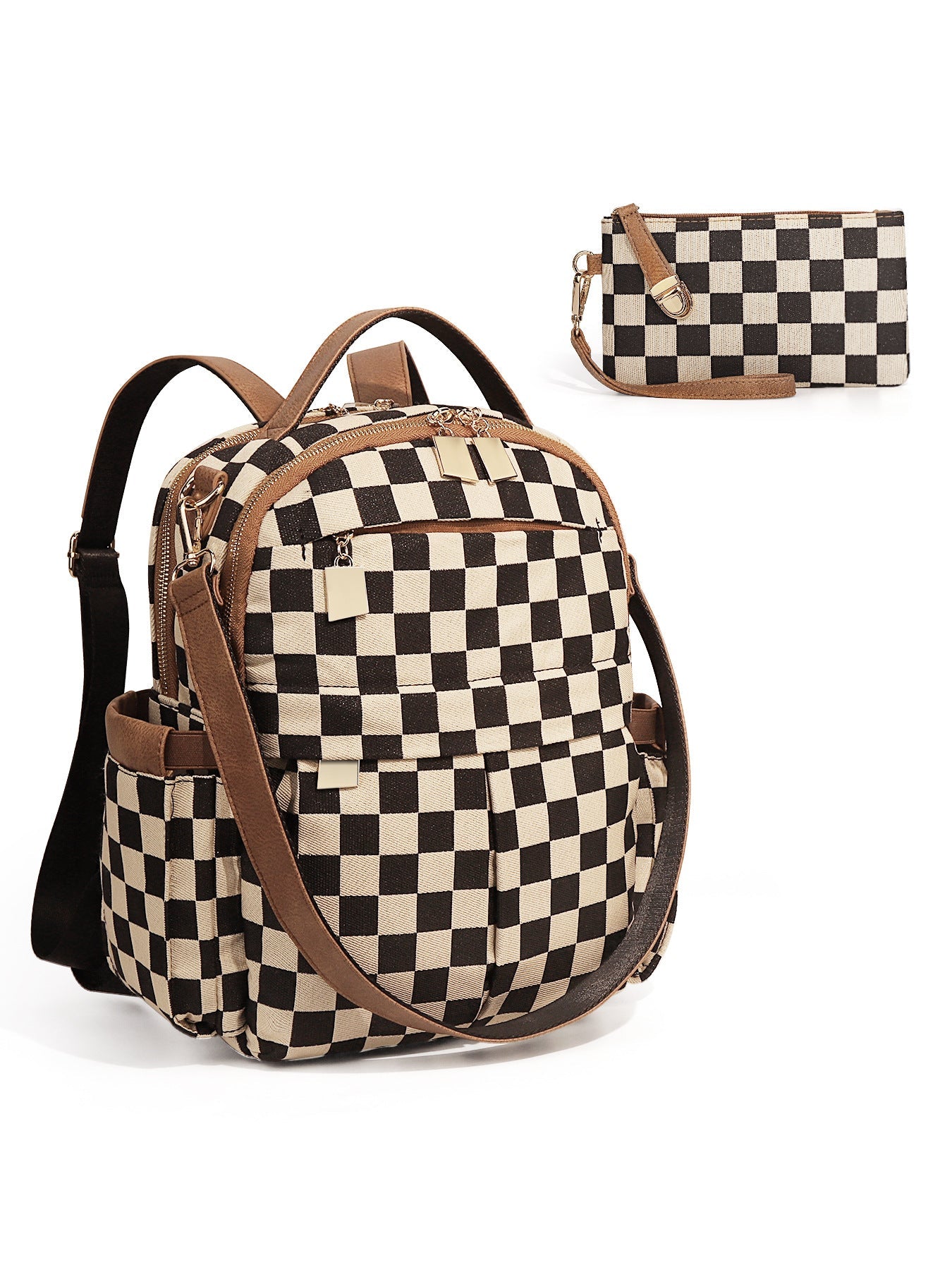 Ounamei Checkered Backpack Purse for Women | Anti-Theft Travel & Work Bag with Matching Pouch