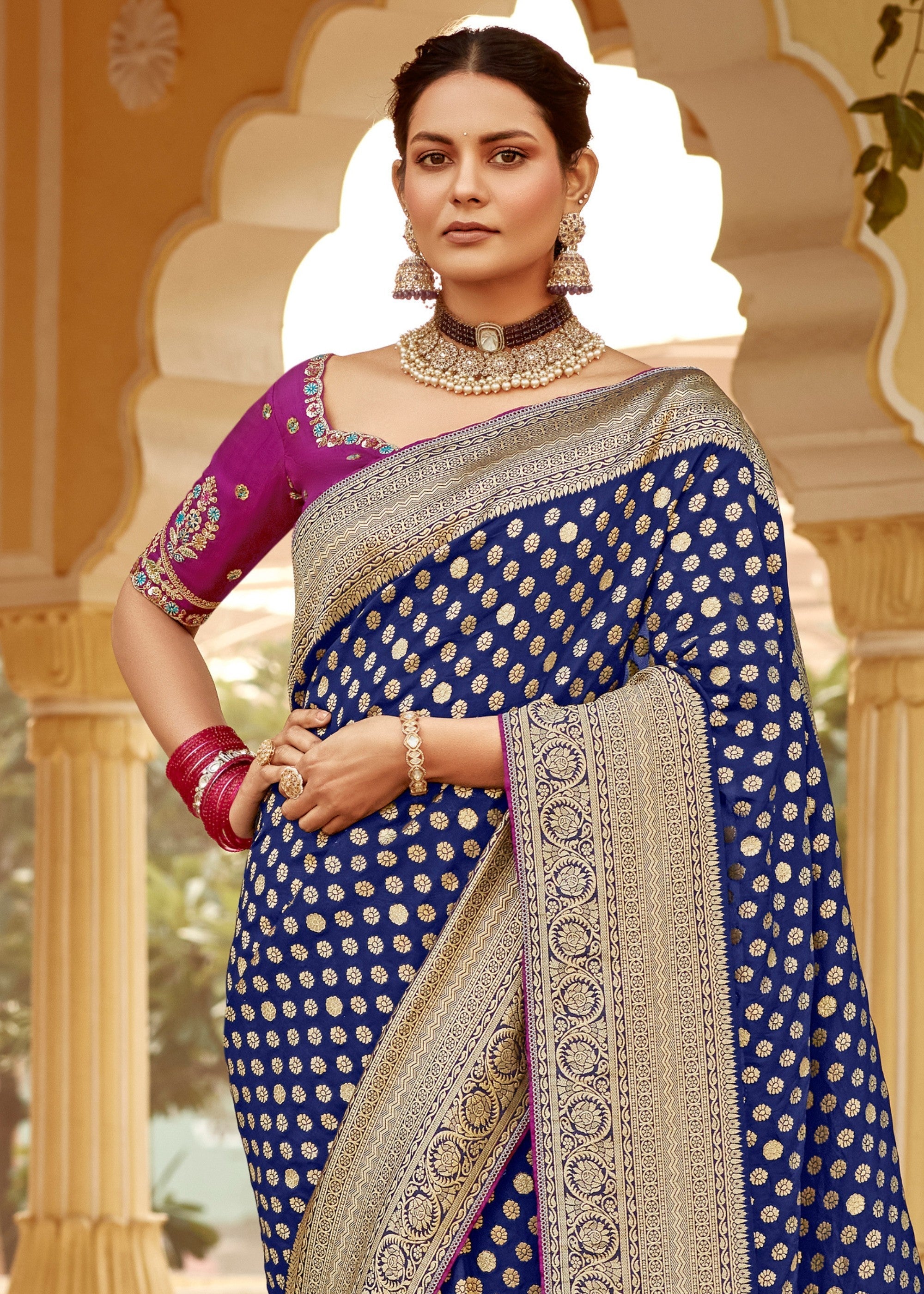 Navy Blue Dola Silk Saree Embellished With Weaving Work And Heavy Embroidered Blouse - qivii